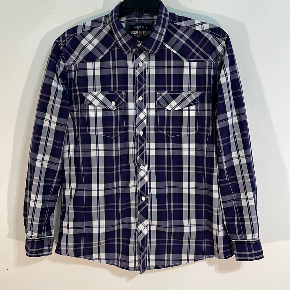 ECKO UNLTD Men’s White & Purple button down long sleeve plaid Shirt Size XL